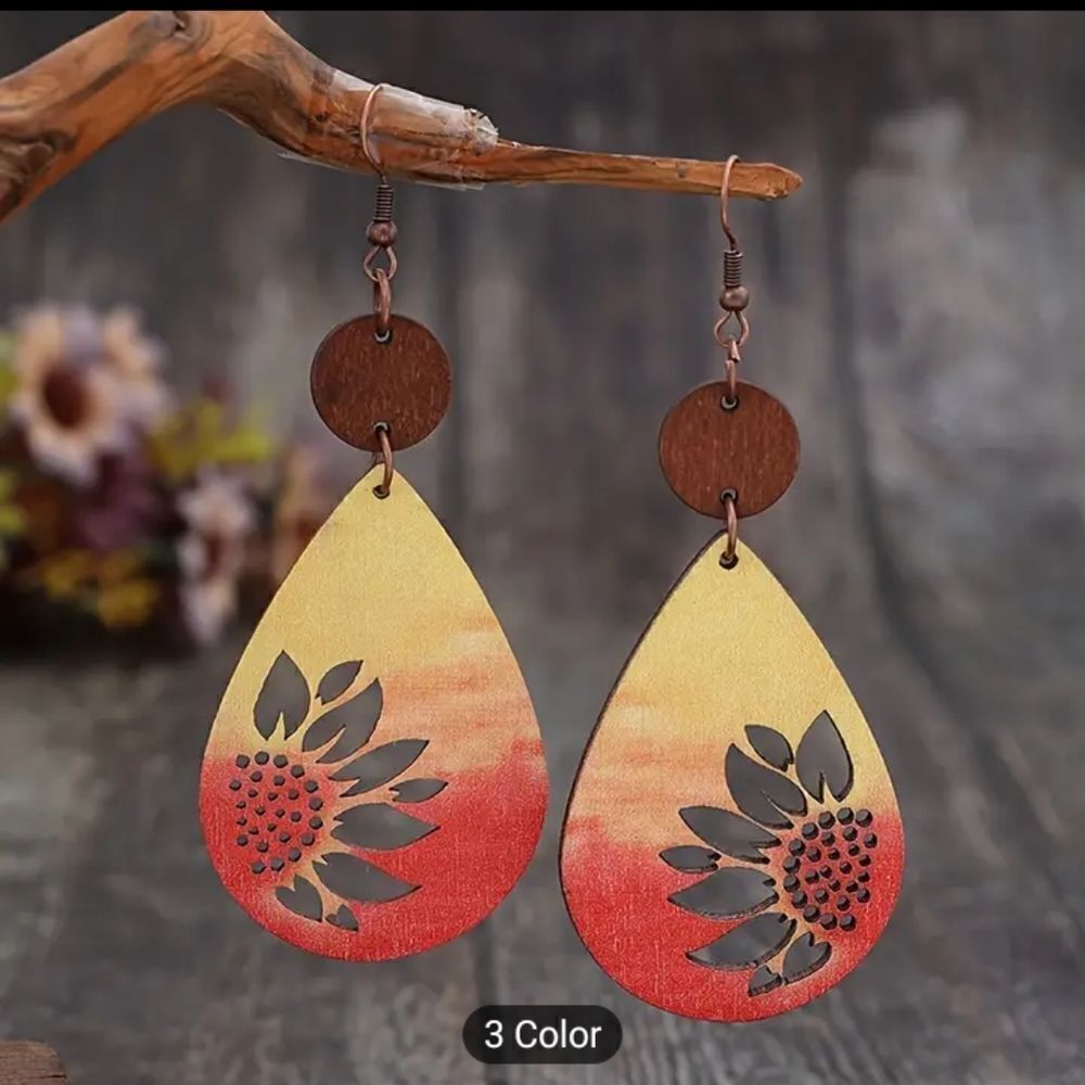 earrings sunflower teardrop Western dangle‎ wooden new e19